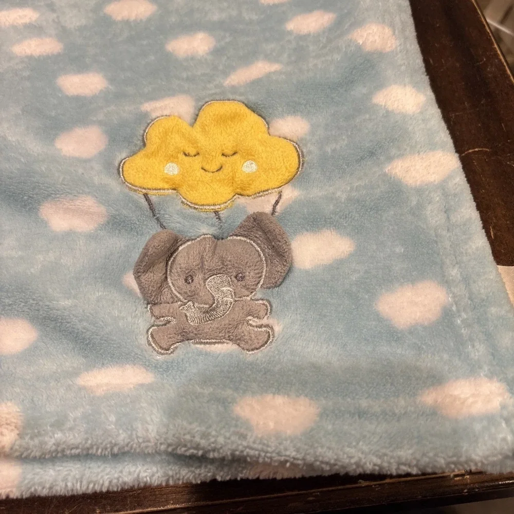 Le Bebe‎ Favorite Clouds & Elephant Baby Blanket Blue Gray Yellow White lovey